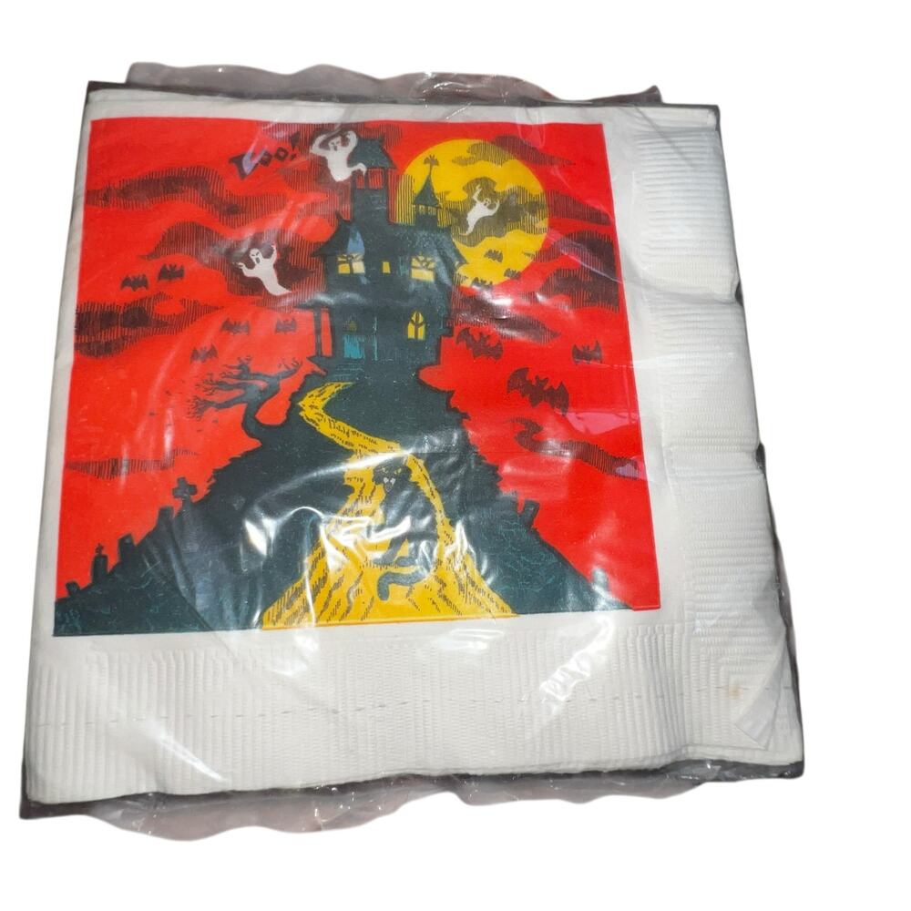 Vintage Halloween Napkins Haunted Mansion House Ghosts Black Cat Full Moon